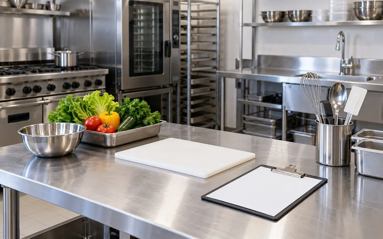 Stainless commercial kitchen prep area