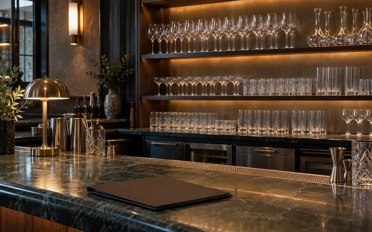 Empty bar counter and clean glassware