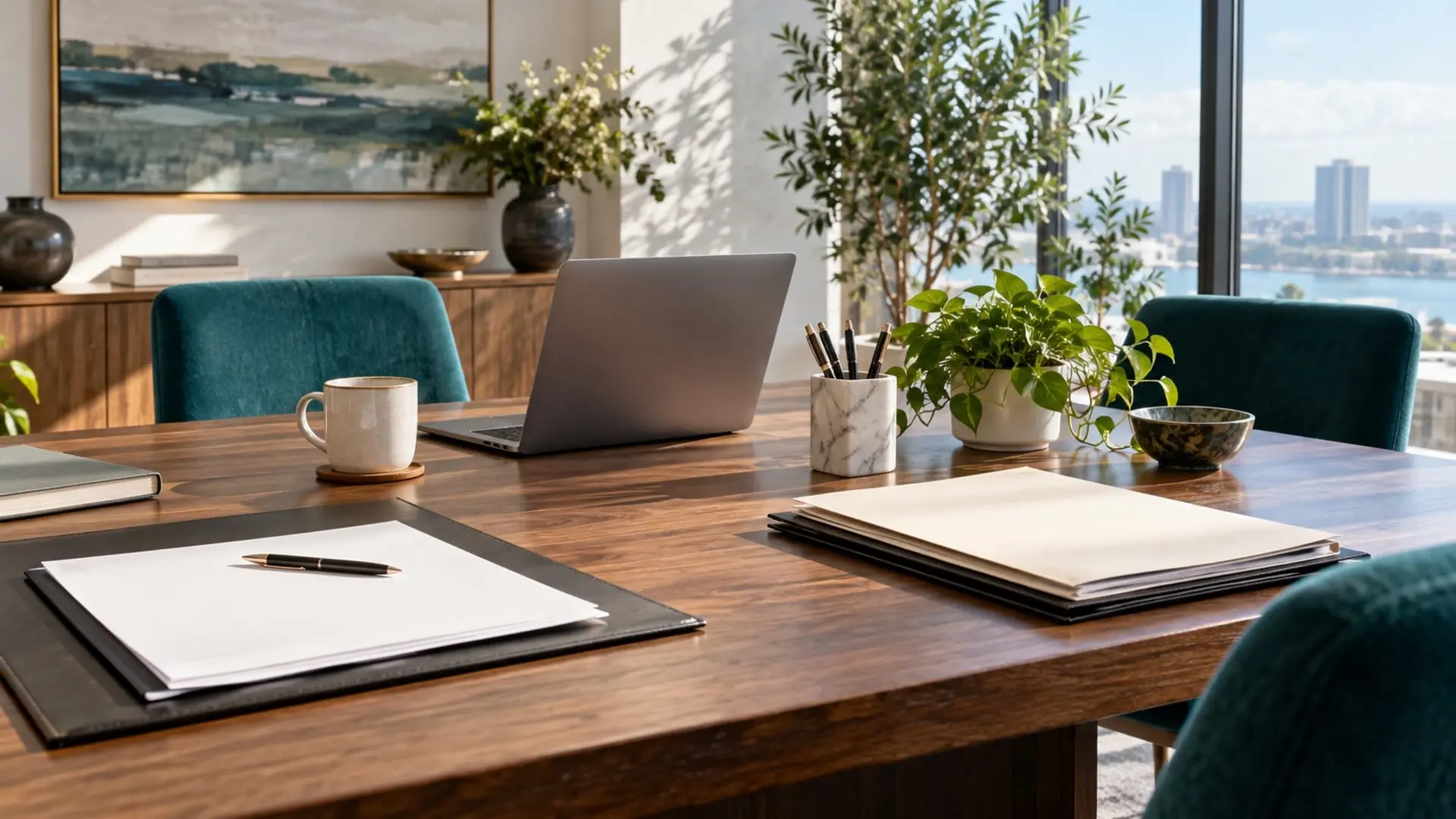 Organized office work area with blank folders