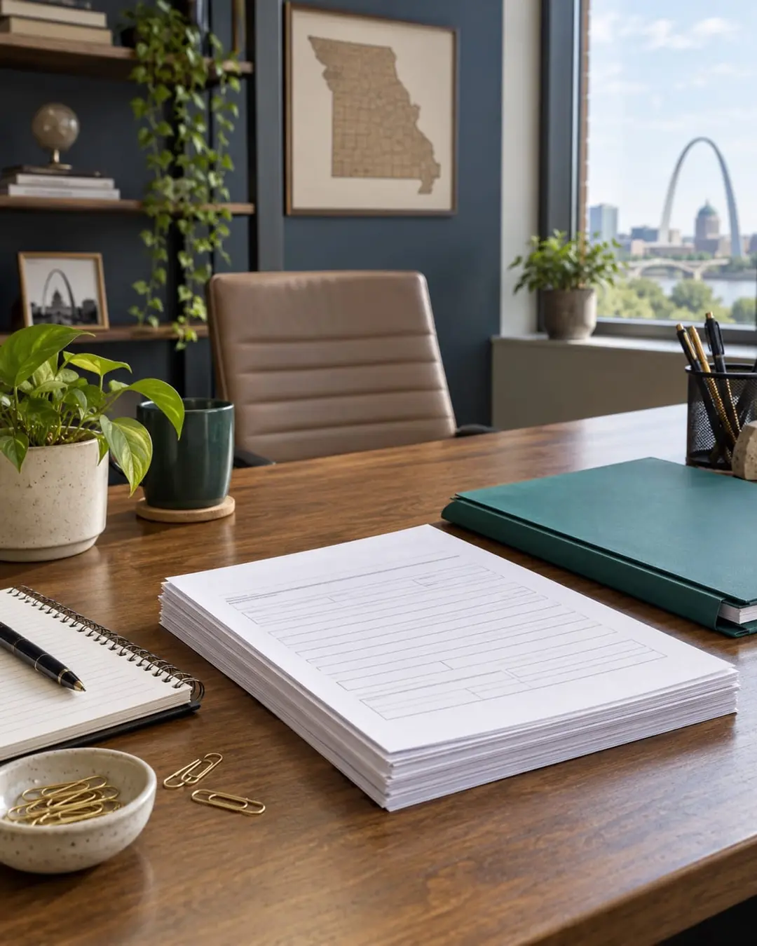 Registration folders and blank forms arranged on a desk