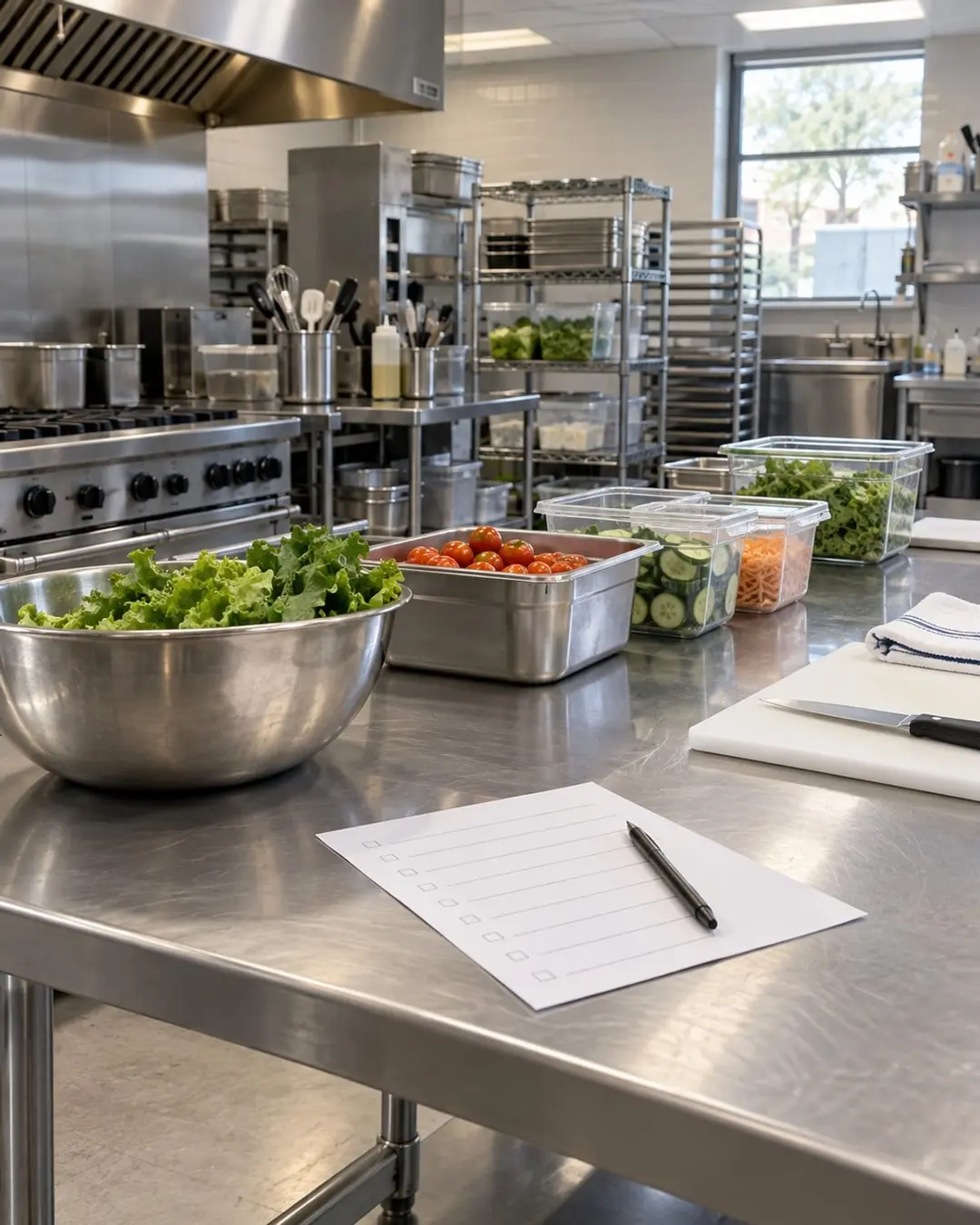 Food service kitchen with clean equipment and blank checklist