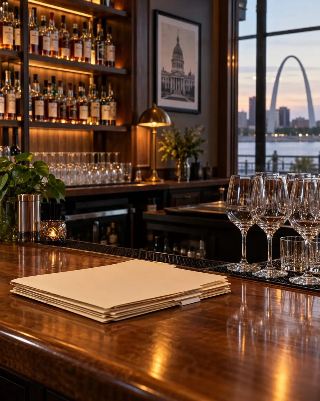 Blank permit folders beside glassware on a wood bar