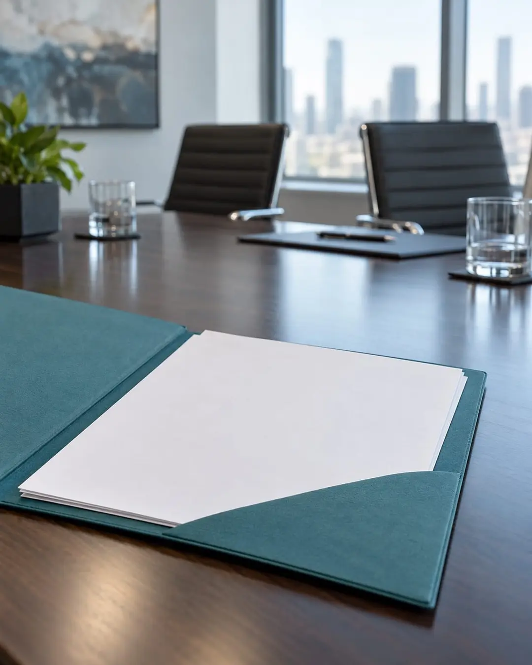 Corporate appointment folder and pen on a meeting table