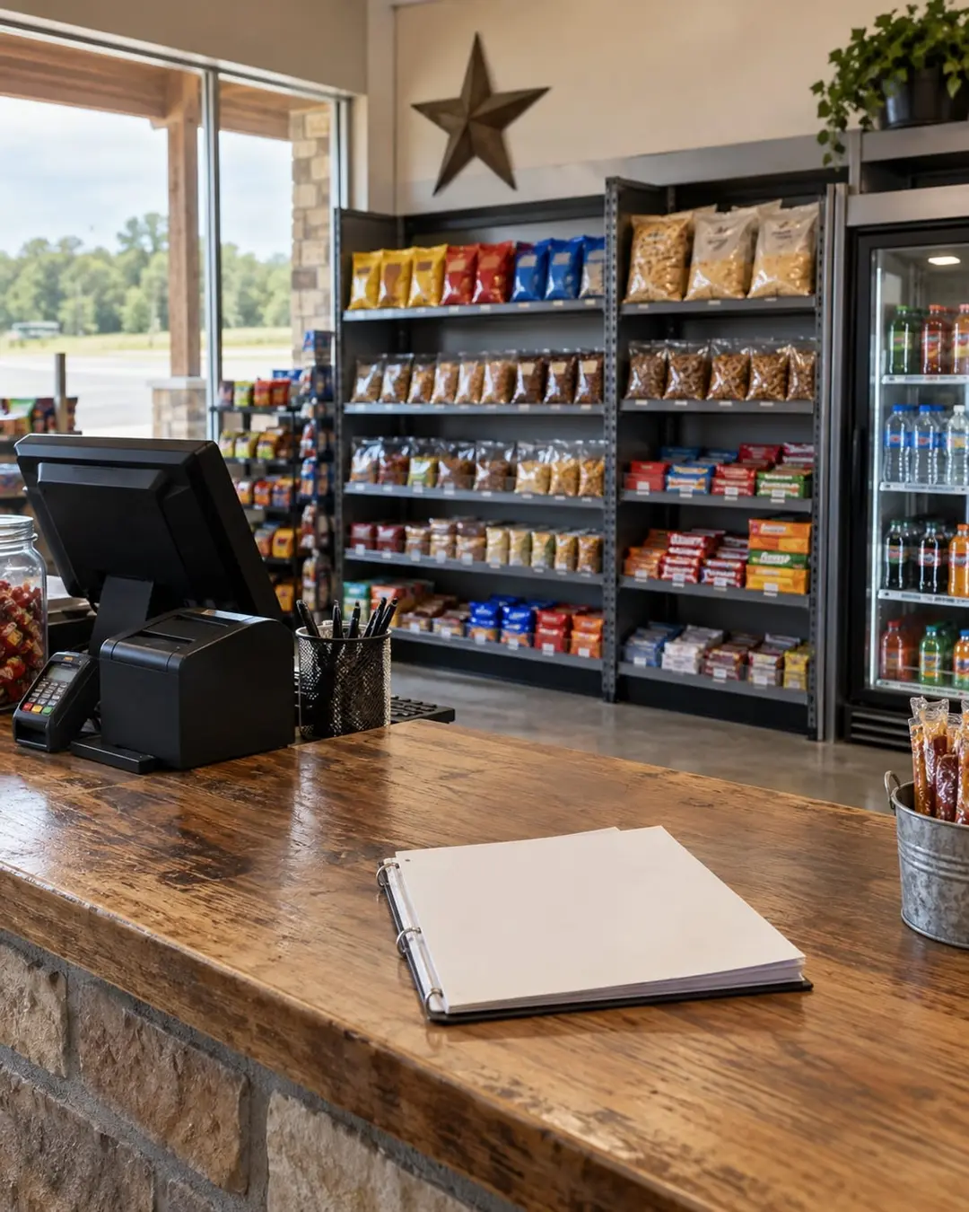 Retail counter and shelves with blank binder